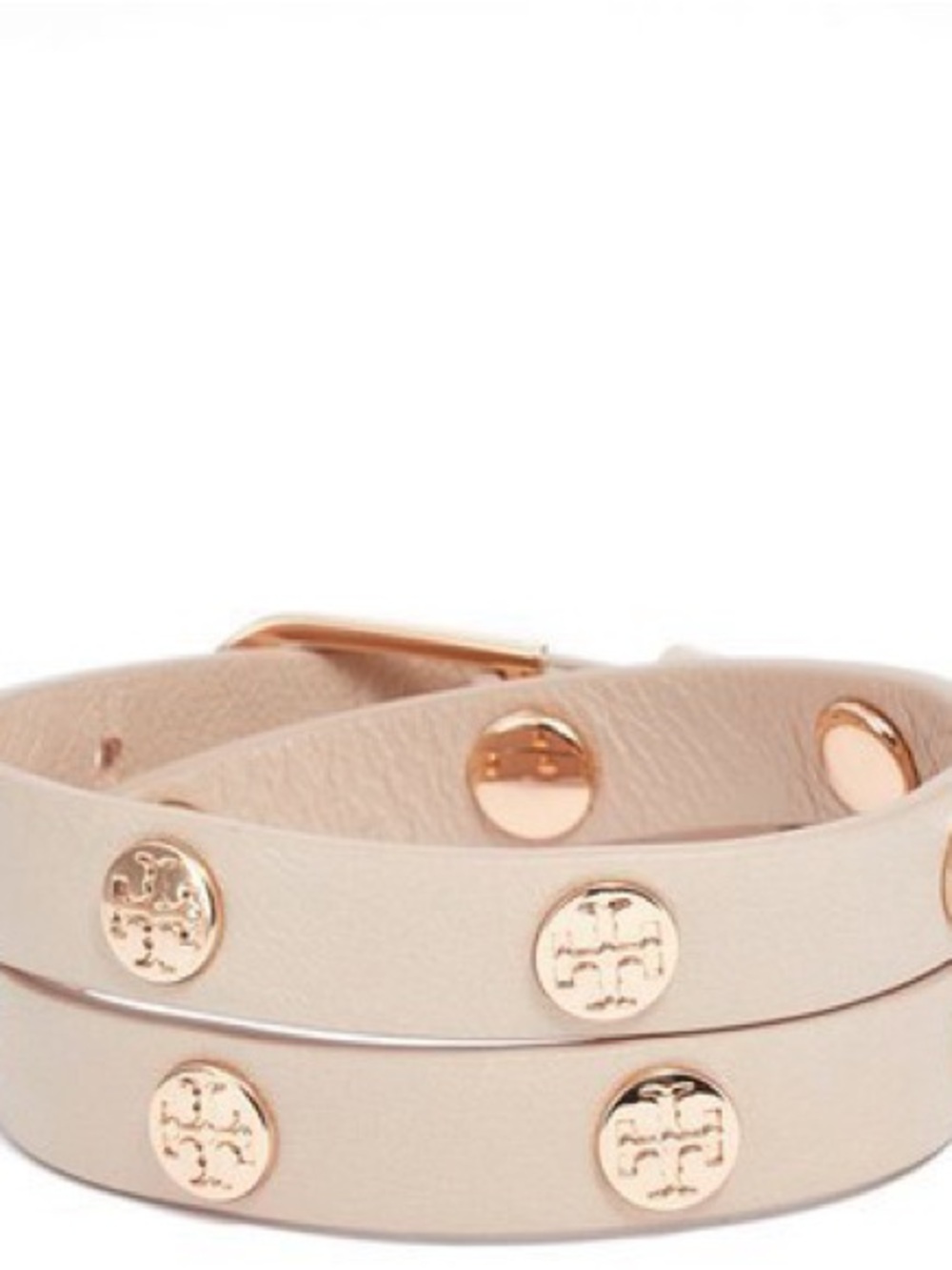 Tory Burch Blush Pink Double Wrap Leather Bracelet with Gold Logo Studs